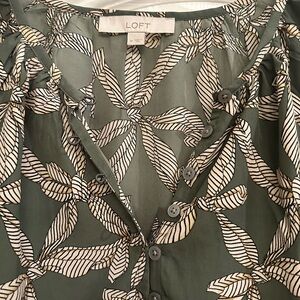 LOFT Olive and Cream Leaf Pattern Blouse
